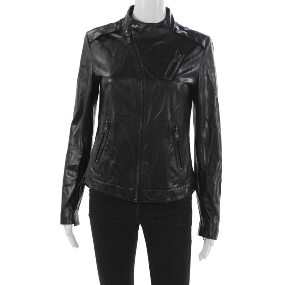R Label Women Motorcycle Jacket Black Snap Long Sleeve Size S